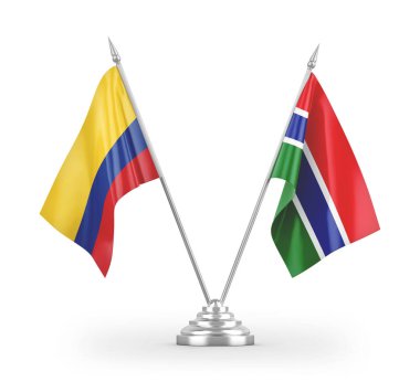 Gambiya ve Kolombiya masa bayrakları beyaz arka planda izole edilmiş 3D görüntüleme