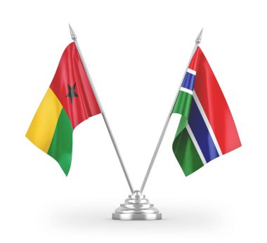 Gambiya ve Gine-Bissau masa bayrakları beyaz arkaplanda izole edilmiş 3D görüntüleme