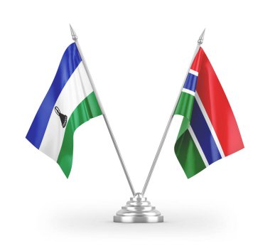 Gambiya ve Lesotho masa bayrakları beyaz arkaplanda 3 boyutlu görüntüleme