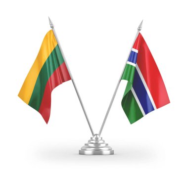 Gambiya ve Litvanya masa bayrakları beyaz arkaplanda izole edilmiş 3D görüntüleme