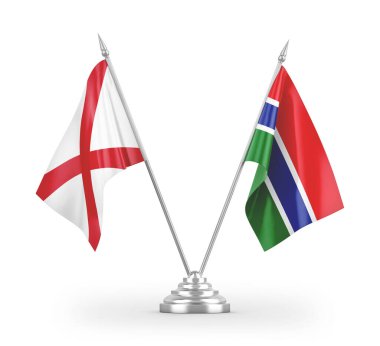 Gambiya ve Kuzey İrlanda masa bayrakları beyaz arka planda izole edilmiş 3D görüntüleme