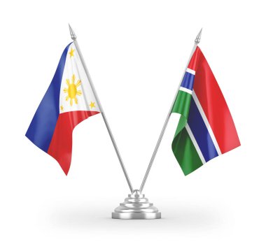 Gambiya ve Filipinler masa bayrakları beyaz arkaplanda 3 boyutlu görüntüleme