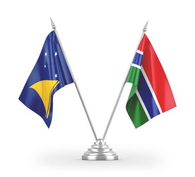 Gambiya ve Tokelau masa bayrakları beyaz arkaplanda 3 boyutlu görüntüleme