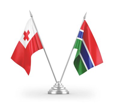 Gambiya ve Tonga masa bayrakları beyaz arkaplanda 3 boyutlu görüntüleme