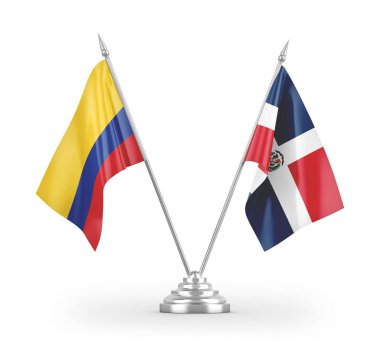 Dominik Cumhuriyeti ve Kolombiya masa bayrakları beyaz arka planda 3 boyutlu görüntüleme