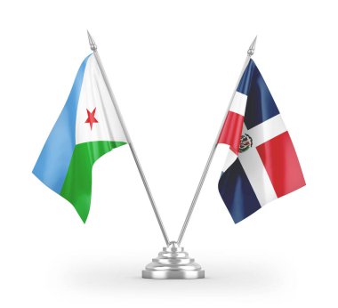 Dominik Cumhuriyeti ve Cibuti masa bayrakları beyaz zemin üzerinde izole edilmiş 3D görüntüleme