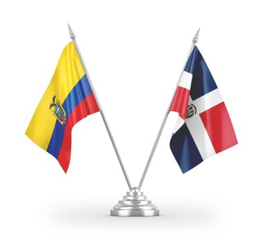 Dominik Cumhuriyeti ve Ekvador masa bayrakları beyaz zemin üzerinde izole edilmiş 3D görüntüleme