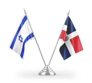 Dominik Cumhuriyeti ve İsrail masa bayrakları beyaz arka planda izole edilmiş 3D görüntüleme