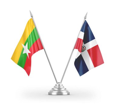 Dominik Cumhuriyeti ve Myanmar masa bayrakları beyaz arkaplanda 3 boyutlu görüntüleme