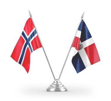 Dominik Cumhuriyeti ve Norveç bayrakları beyaz zemin üzerinde izole edilmiş 3D görüntüleme