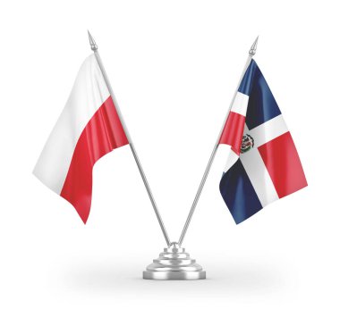 Dominik Cumhuriyeti ve Polonya masa bayrakları beyaz arka planda izole edilmiş 3D görüntüleme