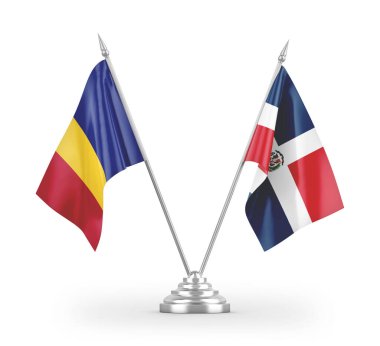 Dominik Cumhuriyeti ve Romanya bayrakları beyaz arka planda izole edilmiş 3D görüntüleme