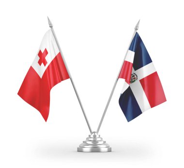 Dominik Cumhuriyeti ve Tonga masa bayrakları beyaz arkaplanda 3 boyutlu görüntüleme