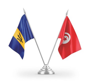 Tunus ve Barbados masa bayrakları beyaz arkaplanda izole edilmiş 3d görüntüleme