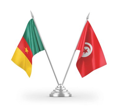 Tunus ve Kamerun masa bayrakları beyaz arkaplanda izole edilmiş 3D görüntüleme