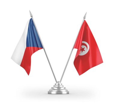 Tunus ve Çek Cumhuriyeti masa bayrakları beyaz zemin üzerinde izole edilmiş 3D görüntüleme