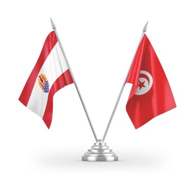 Tunus ve Fransız Polinezya masa bayrakları beyaz zemin üzerinde izole edilmiş 3d görüntüleme