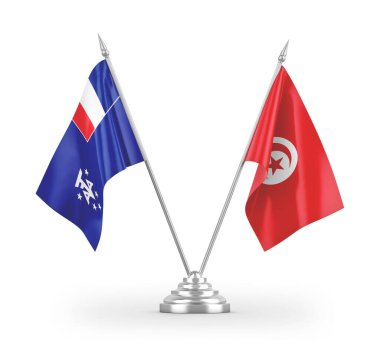 Tunus ve Fransa Güney ve Antarktika 'da masa bayrakları beyaz zemin üzerinde izole edilmiş 3D