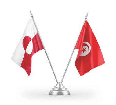 Tunus ve Grönland masa bayrakları beyaz arka planda izole edilmiş 3D görüntüleme