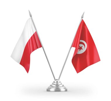 Tunus ve Polonya masa bayrakları beyaz arkaplanda izole edilmiş 3D görüntüleme