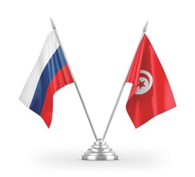 Tunus ve Rusya masa bayrakları beyaz arkaplanda izole edilmiş 3D görüntüleme