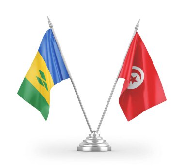 Tunus, Saint Vincent ve Grenadine masa bayrakları beyaz zemin üzerinde izole edilmiş 3D