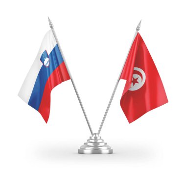 Tunus ve Slovenya masa bayrakları beyaz arkaplanda izole edilmiş 3d görüntüleme