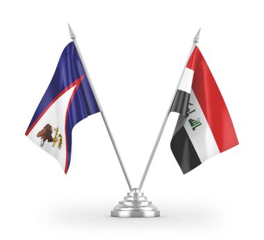 Irak ve Amerikan Samoa masa bayrakları beyaz arka planda izole edilmiş 3D görüntüleme