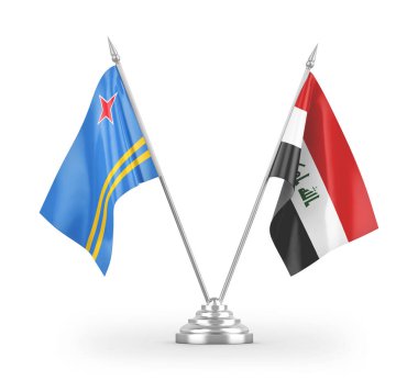 Irak ve Aruba masa bayrakları beyaz arkaplandaki 3D görüntüleme