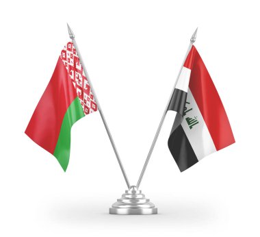 Irak ve Belarus masa bayrakları beyaz arkaplanda izole edilmiş 3D görüntüleme