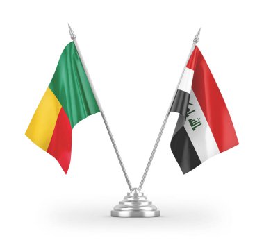 Irak ve Benin masa bayrakları beyaz arka planda izole edilmiş 3D görüntüleme