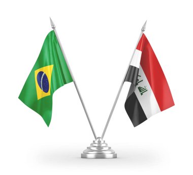 Irak ve Brezilya bayrakları beyaz arkaplanda izole edilmiş 3D görüntüleme