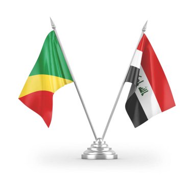Irak ve Kongo masa bayrakları beyaz arkaplanda izole edilmiş 3D görüntüleme