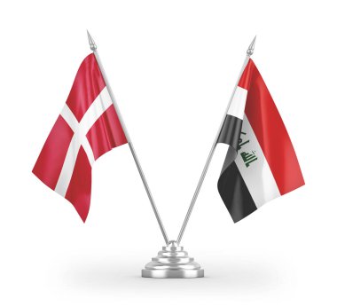 Irak ve Danimarka bayrakları beyaz arkaplan 3D görüntüleme üzerinde izole edildi