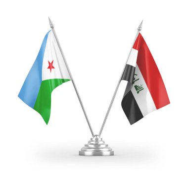 Irak ve Cibuti masa bayrakları beyaz zemin üzerinde izole edilmiş 3D görüntüleme