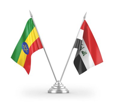 Irak ve Etiyopya masa bayrakları beyaz arka planda izole edilmiş 3D görüntüleme