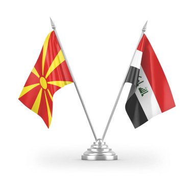 Irak ve Kuzey Makedonya bayrakları beyaz zemin üzerinde izole edilmiş 3D görüntüleme