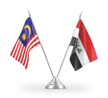 Irak ve Malezya masa bayrakları beyaz arkaplanda 3 boyutlu görüntüleme