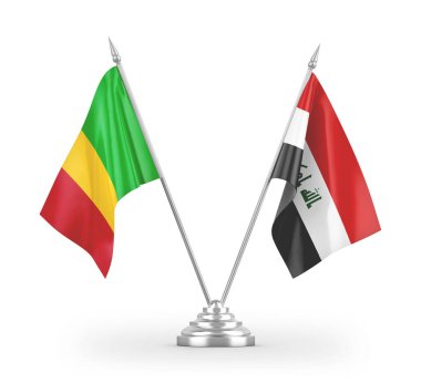Irak ve Mali masa bayrakları beyaz arkaplanda 3 boyutlu görüntüleme