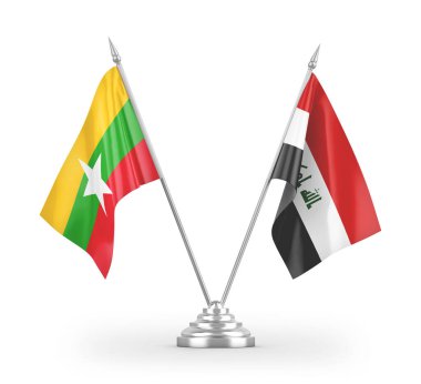 Irak ve Myanmar masa bayrakları beyaz arkaplanda 3 boyutlu görüntüleme