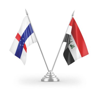 Irak ve Hollanda Antilleri masa bayrakları beyaz zemin üzerinde izole edilmiş 3D görüntüleme