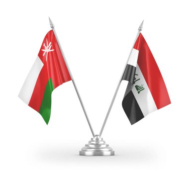 Irak ve Umman masa bayrakları beyaz arkaplanda 3 boyutlu görüntüleme