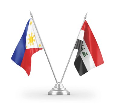 Irak ve Filipinler masa bayrakları beyaz arka planda izole edilmiş 3D görüntüleme