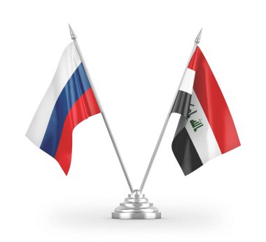 Irak ve Rusya bayrakları beyaz arka planda izole edilmiş 3D görüntüleme