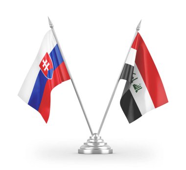Irak ve Slovakya masa bayrakları beyaz arka planda izole edilmiş 3D görüntüleme