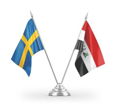 Irak ve İsveç bayrakları beyaz arkaplanda izole edilmiş 3D görüntüleme