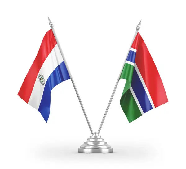 Gambia Und Paraguay Tischfahnen Isoliert Auf Weißem Hintergrund Rendering — Stockfoto
