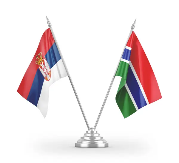 在白色背景3D渲染中孤立的冈比亚和塞尔维亚桌旗 — 图库照片