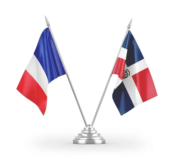 在白色背景3D渲染中孤立的多米尼加共和国和法国桌旗 — 图库照片