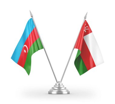 Umman ve Azerbaycan masa bayrakları beyaz arkaplanda 3 boyutlu görüntüleme